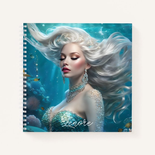 Cuaderno Océano turquesa de pelo plateado de sirena (Anverso)