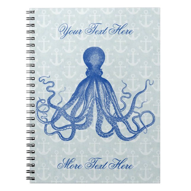Cuaderno Octopus azul vintage con anclas personalizadas (Frente)