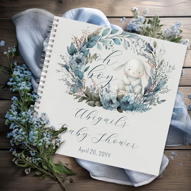 Cuaderno Oh Boy Bunny Blue Floral Baby Shower Guest Book (Bunny Rabbit and Blue Floral Wreath Boy Baby Shower Guest Book Notebook - "Oh Boy" Bunny Collection)