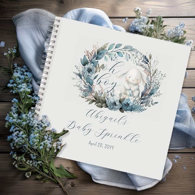 Cuaderno Oh Boy Bunny Blue Floral Baby Sprinkle Guest Book (Bunny Rabbit and Blue Floral Wreath Boy Baby Sprinkle Guest Book Notebook "Oh Boy" Bunny Collection)
