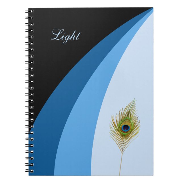 Cuaderno Olas abstractas en tonos azules y plumas de pavo r (Frente)