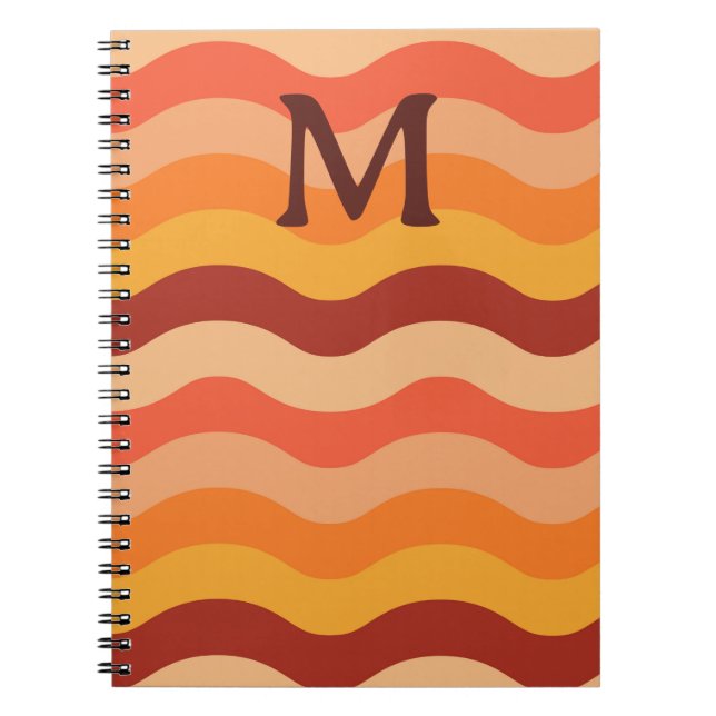 Cuaderno Olas abstractas retro naranja y amarillo Monograma (Frente)