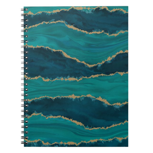 Cuaderno Olas de Ágata Teal – Mármol Abstracto con Oro (Frente)
