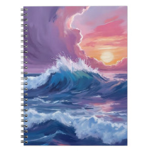 Cuaderno Olas de Océano Morado Puesta de Sol Pintura Acuare