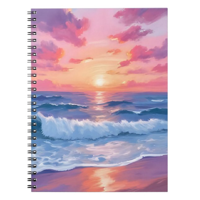 Cuaderno Olas de Océano Rosadas Puesta de Sol Acuarela (Frente)