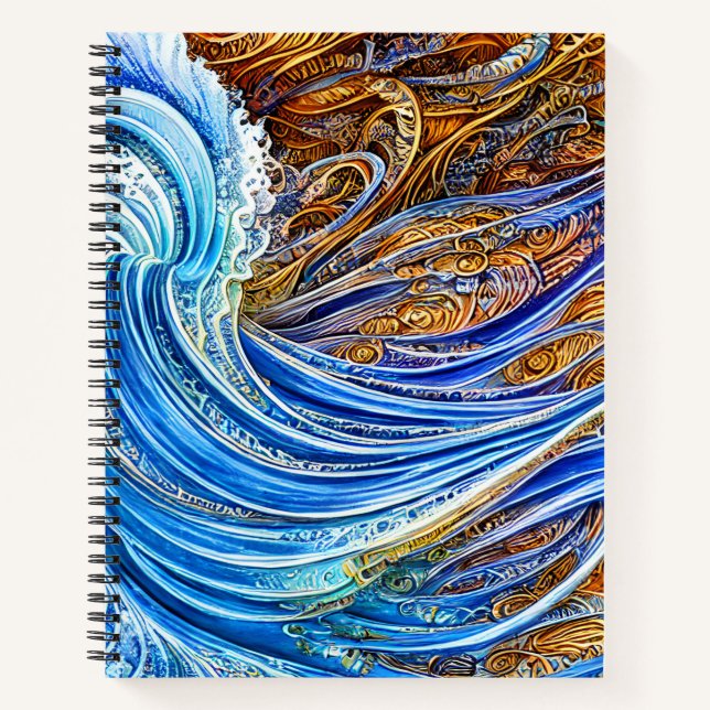 Cuaderno Olas de ondas de choque abstractas en azul y oro (Anverso)