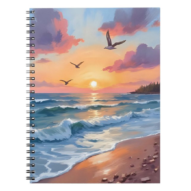 Cuaderno Olas del Océano Atardecer | Pintura al Óleo Playa  (Frente)