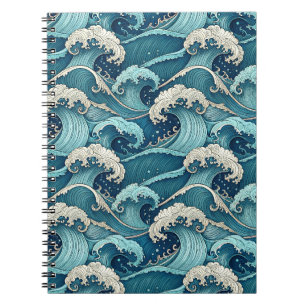 Cuaderno Olas del Océano Azul Patrón Japonés de Verano Trop