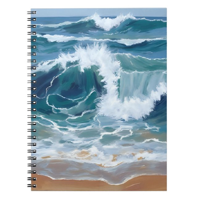 Cuaderno Olas del Océano Rompiendo | Acuarela Azul Costera (Frente)