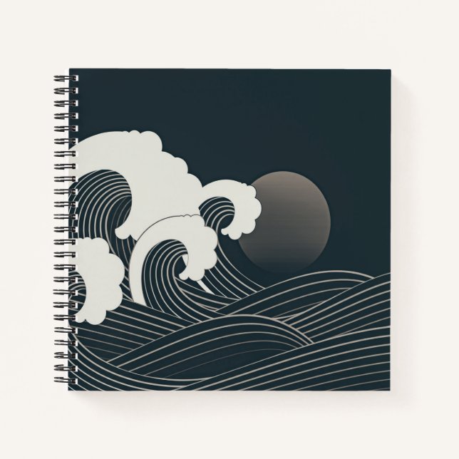 Cuaderno Olas japonesas elegantes de arte blanco y negro | (Anverso)