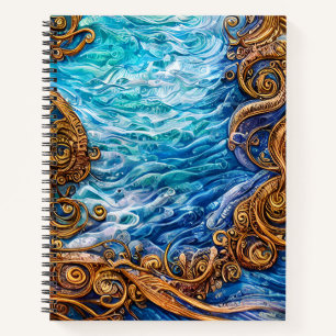 Cuaderno Olas onduladas azules y doradas del océano Resumen