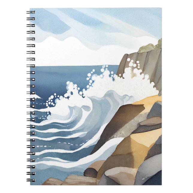 Cuaderno Olas que rompen | Acuarela de costa rocosa (Frente)