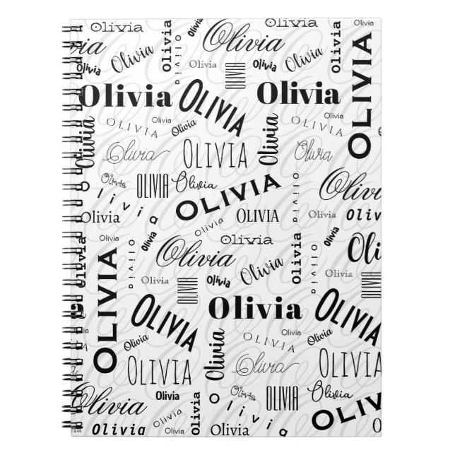 Cuaderno Olivia Nombre Personalizado Negro Blanco  (Frente)