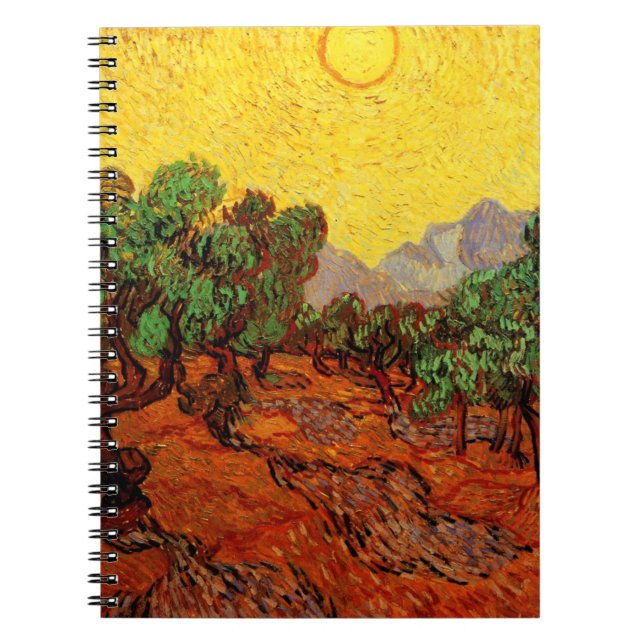 Cuaderno Olivos de Van Gogh con cielo amarillo y sol (Frente)