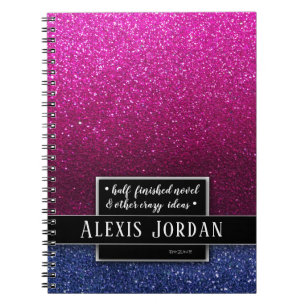 Cuaderno Ombre azul rosado caliente Purpurina Monograma bla