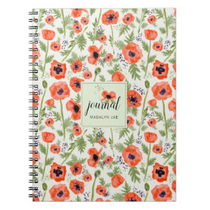 Cuaderno Orange Poppy Watercolor Floral Pattern Name