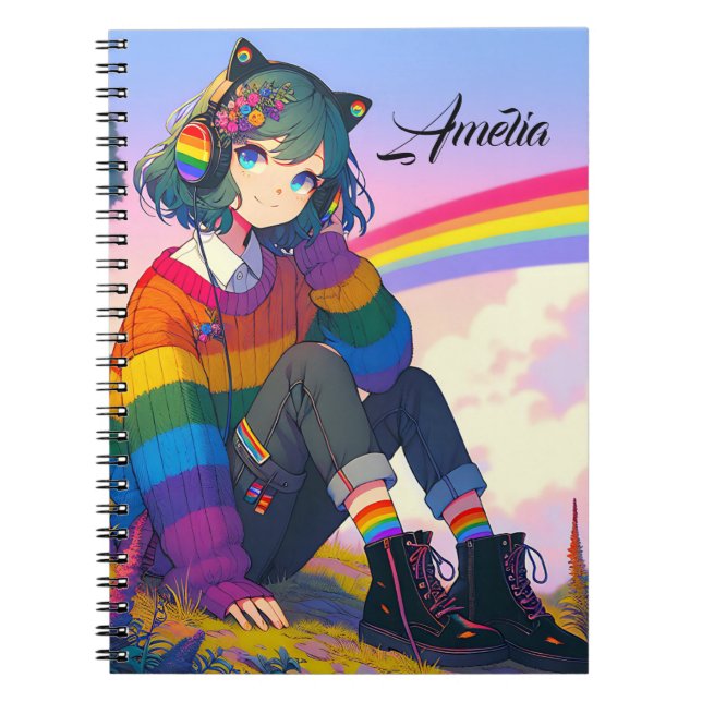 Cuaderno Orgullo lésbico LGBTQIA+ Chica de anime personaliz (Frente)