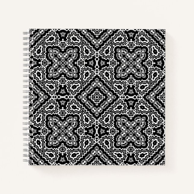 Cuaderno ornamento de patrones étnicos geométricos blanco y (Anverso)