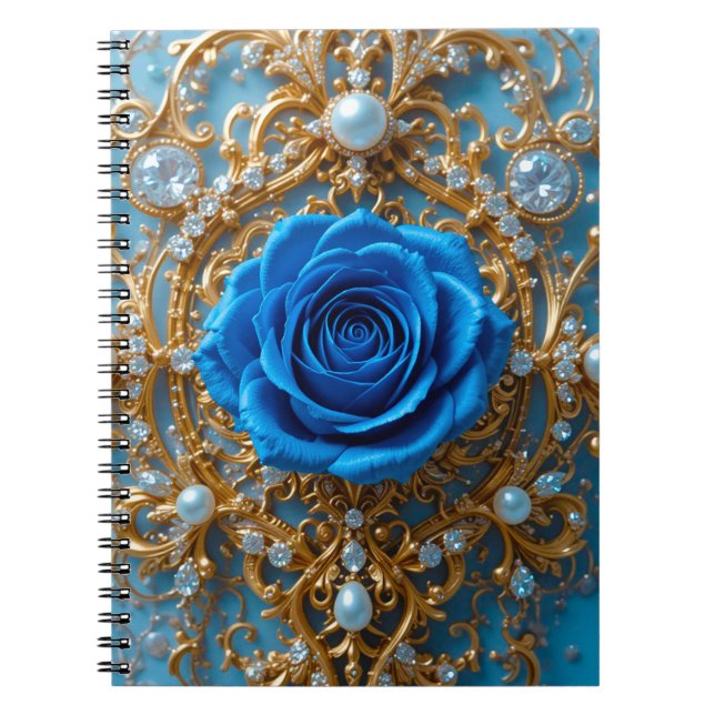 Cuaderno Ornamento dorado con Rosa azul y perla (Frente)