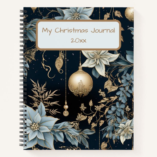 Cuaderno Ornamentos de Navidad azules y dorados Poinsettias (Anverso)