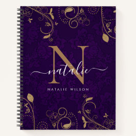 Cuaderno Ornamentos florales de oro morado oscuro Monograma