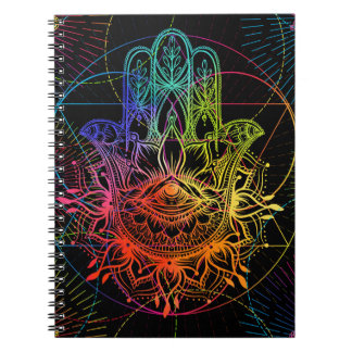 Cuaderno Ornate hamsa: patrón de neón dibujado a mano.