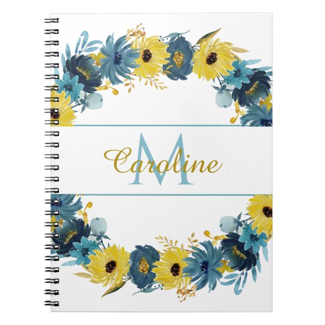 Cuaderno Oro Azul Otoño Floral Wreath Monograma (Frente)