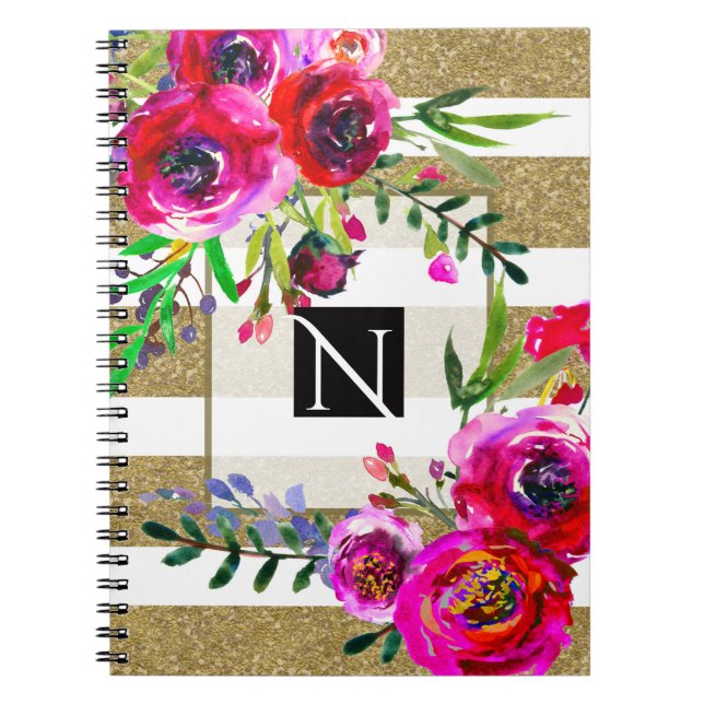 Cuaderno Oro Blanco Rayas Negritas Glam Floral Botánico (Frente)