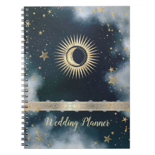 Cuaderno Oro Celestial Sol,Luna,Estrellas Cielo Nocturno