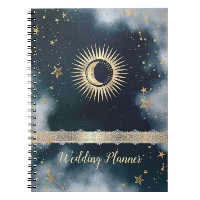 Cuaderno Oro Celestial Sol,Luna,Estrellas Cielo Nocturno (Frente)