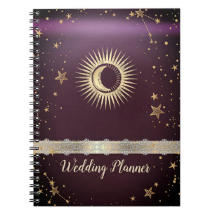 Cuaderno Oro Celestial Sol Y Luna Estrellas Burdeos