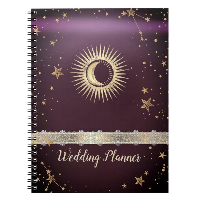 Cuaderno Oro Celestial Sol Y Luna Estrellas Burdeos (Frente)