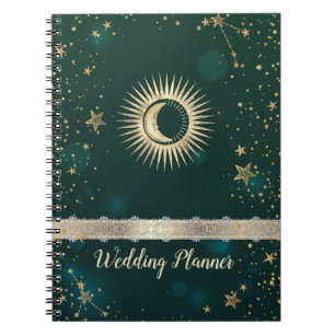 Cuaderno Oro Celestial Sol Y Luna Estrellas Verde