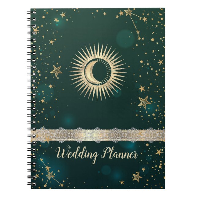 Cuaderno Oro Celestial Sol Y Luna Estrellas Verde (Frente)