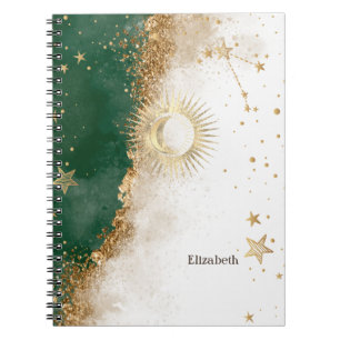 Cuaderno Oro Celestial Sol Y Luna Estrellas Verde