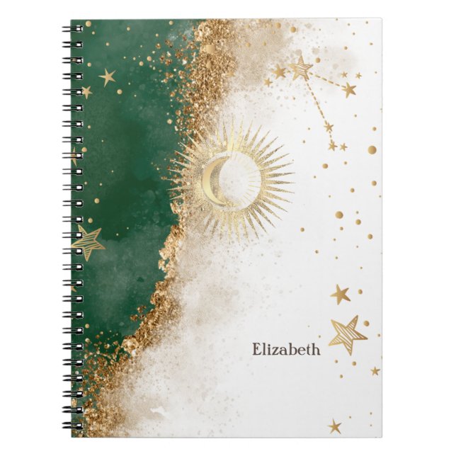 Cuaderno Oro Celestial Sol Y Luna Estrellas Verde (Frente)