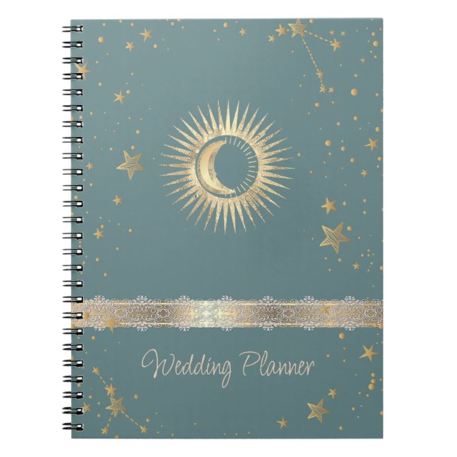 Cuaderno Oro Celestial Sol Y Luna Estrellas Verde Menta (Frente)
