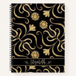 Cuaderno Oro Floral Damask Sunflower Classy Black Folk Art