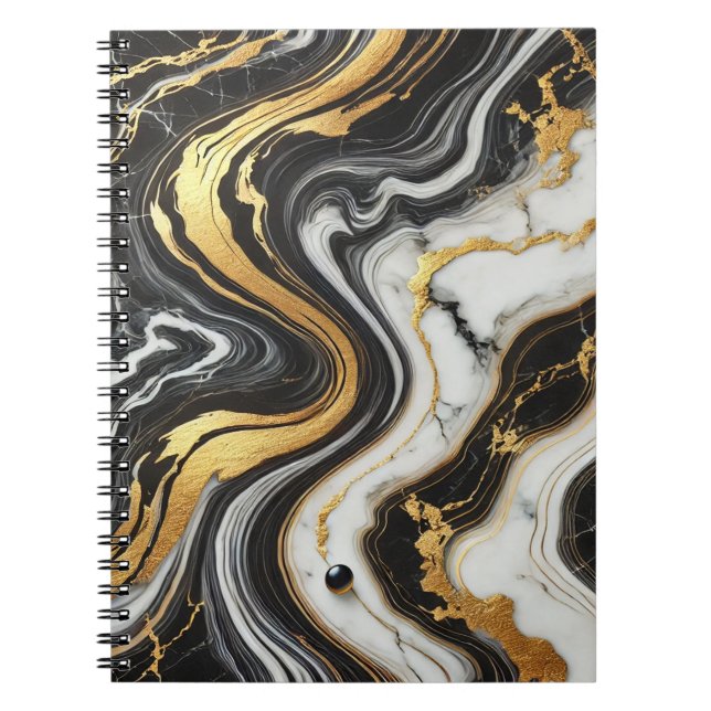 Cuaderno Oro Líquido Negro Mármol Blanco Aspecto Glam Boda (Frente)