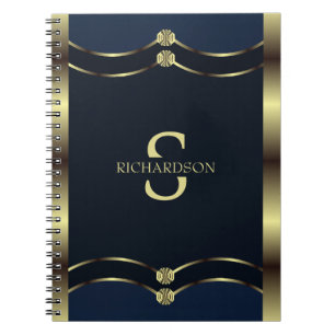 Cuaderno Oro Monogramado Y Geométrico Azul De La Marina