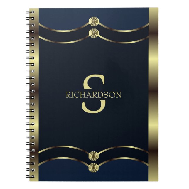 Cuaderno Oro Monogramado Y Geométrico Azul De La Marina (Frente)