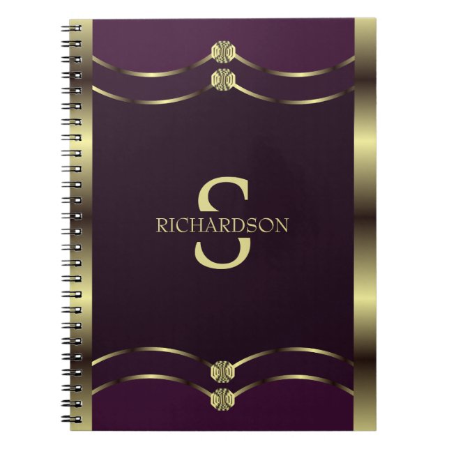 Cuaderno Oro Monogramado Y Geométrico Morado De Borgoña (Frente)