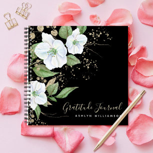 Cuaderno Oro Negro Script Floral Acuarela Chic Gratitud