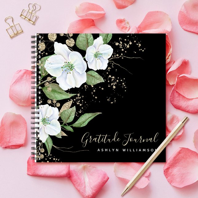 Cuaderno Oro Negro Script Floral Acuarela Chic Gratitud (Subido por el creador)
