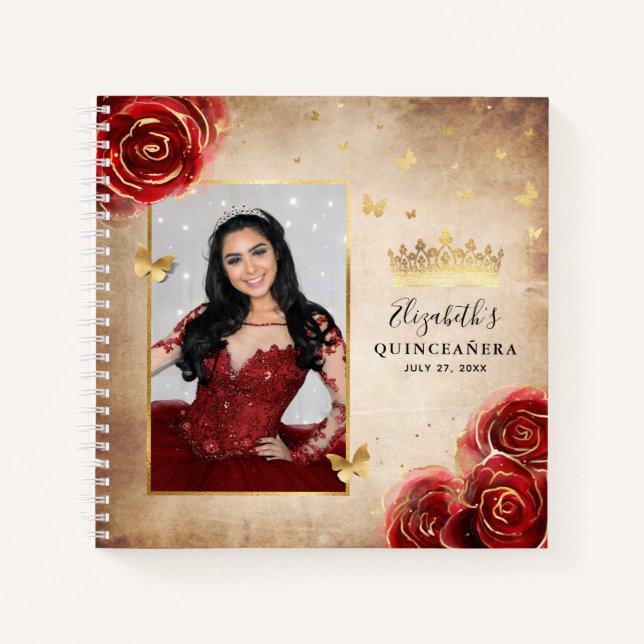 Cuaderno Oro Rojo Elegante Foto Quinceanera Invitado (Anverso)