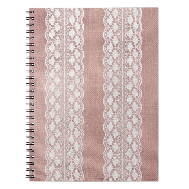 Cuaderno Oro rosa metálico, textura de encaje blanquecino. (Frente)