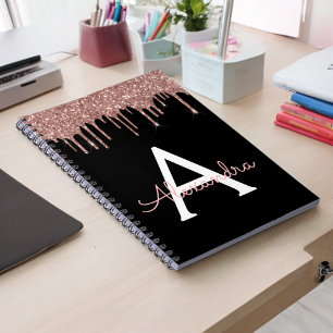 Cuaderno Oro Rosa - Rosa Clásico Negro Brillo Monograma Nom