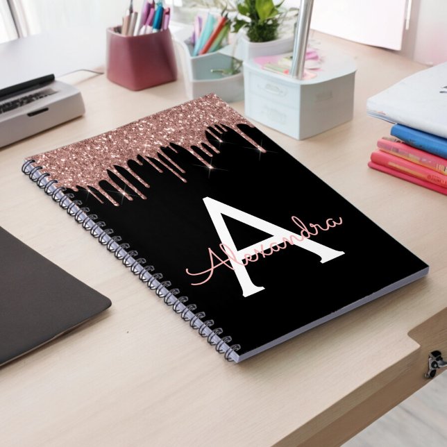 Cuaderno Oro Rosa - Rosa Clásico Negro Brillo Monograma Nom (Subido por el creador)