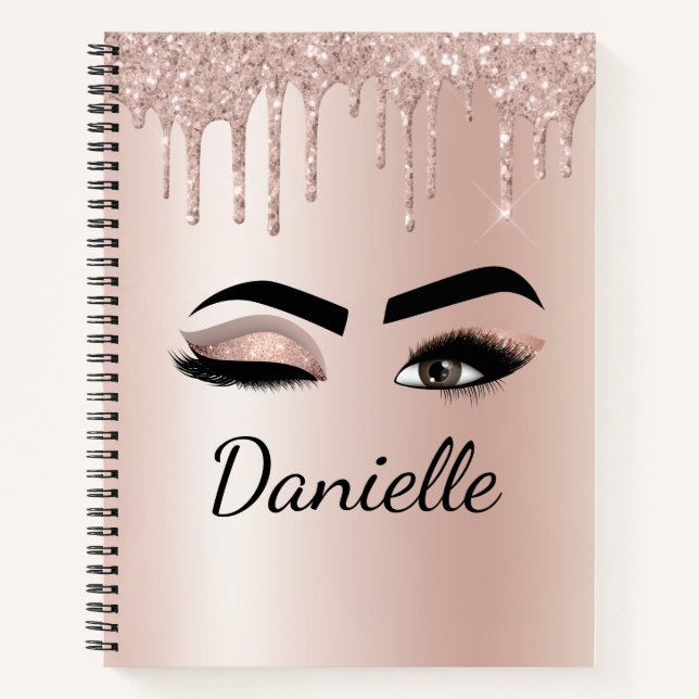 Cuaderno Oro Rosa Rubor Purpurina de monograma rosa Eyelash (Anverso)