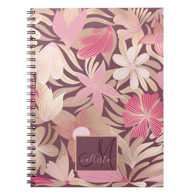 Cuaderno Oro rosado de hojas de flores de borgoña Monograma (Frente)